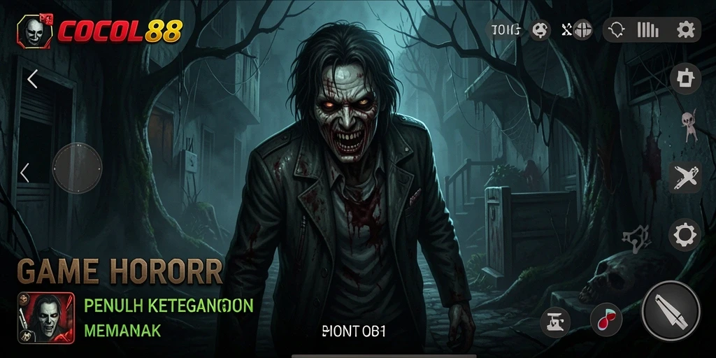 Tampilan gameplay COCOL88 menunjukkan suasana horor yang mencekam.