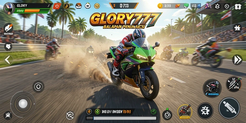 Gameplay seru dari GLORY777 dengan balapan motor cepat.