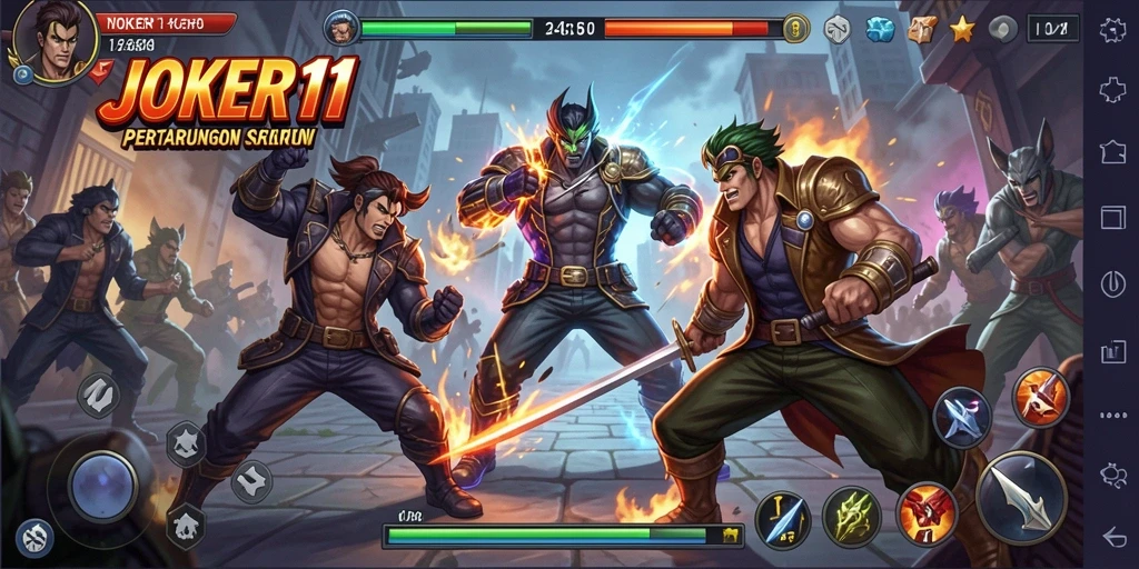 Screenshot gameplay JOKER11 menunjukkan aksi pertarungan yang intens dan karakter dinamis.