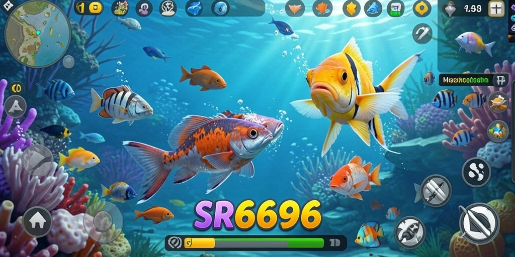 Tampilan gameplay SR6666, menembak ikan di lautan virtual.