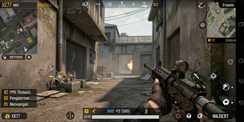 Screenshot menunjukkan aksi intens di dalam pertempuran FPS XE77.